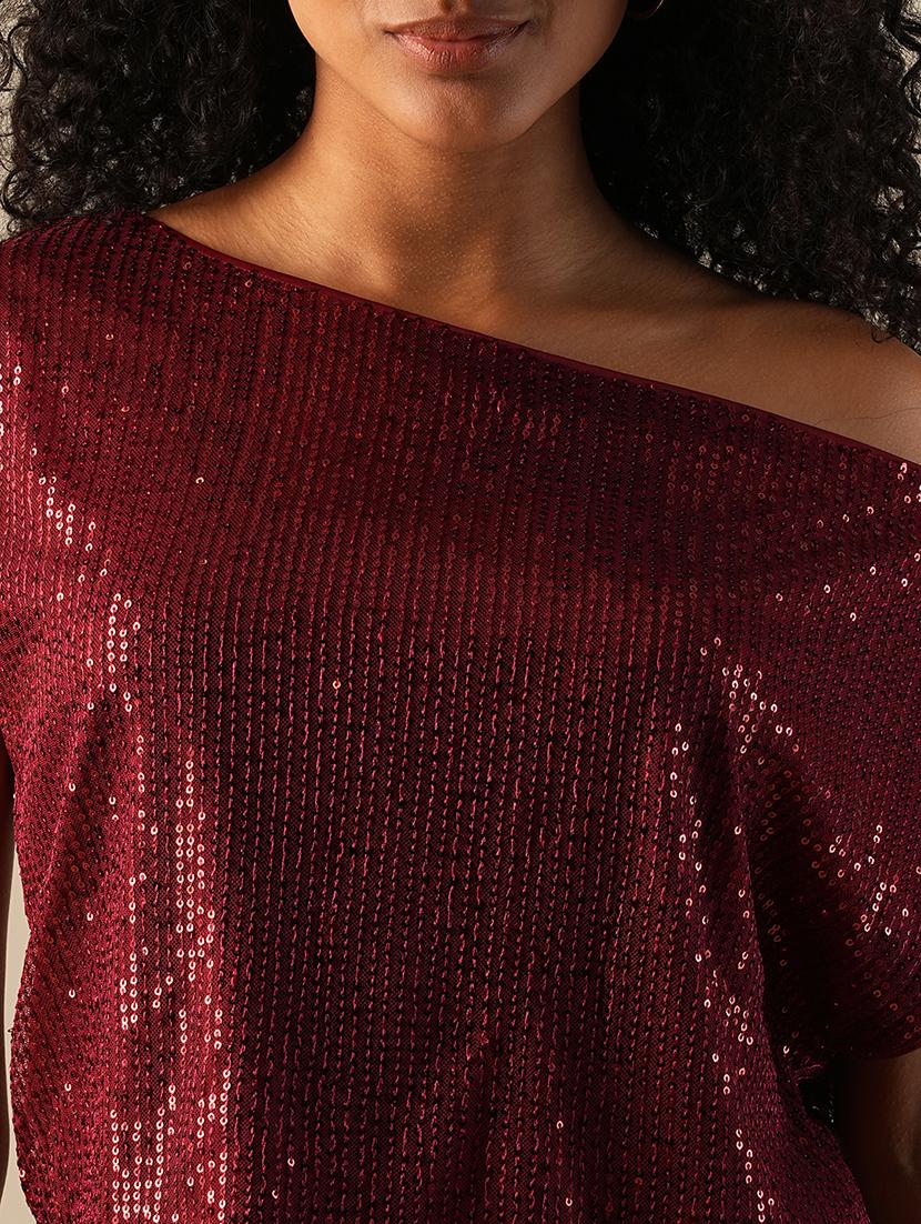 globus women maroon one shoulder extended sleeve sequinned party top - 21648883 - Standard Image - 4