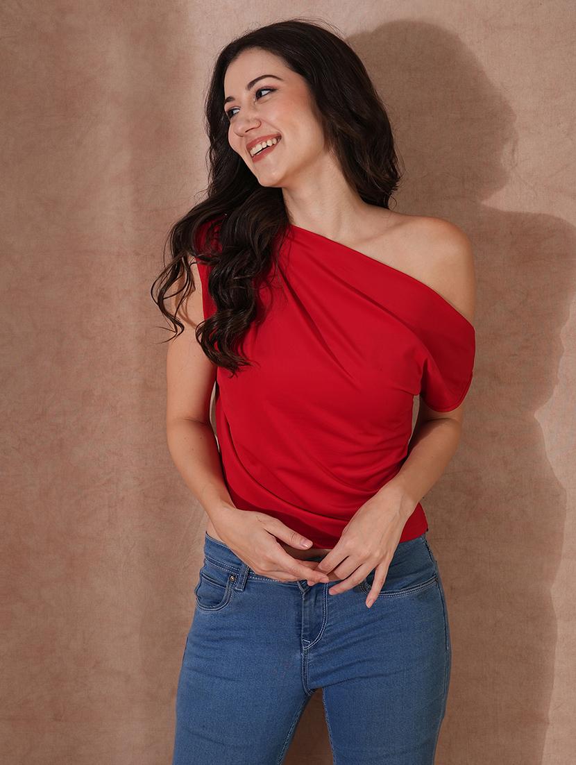 globus women red one shoulder extended short sleeves party wear top - 21648884 -  Zoom Image - 0