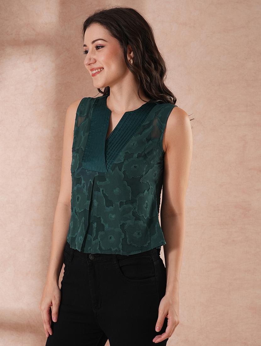globus women green self-design floral print v-neck party top - 21648886 - Standard Image - 1