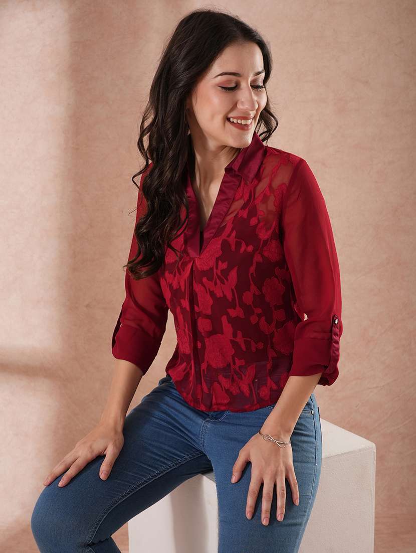 globus women maroon self-design floral print v-neck party wear top - 21648887 -  Standard Image - 1