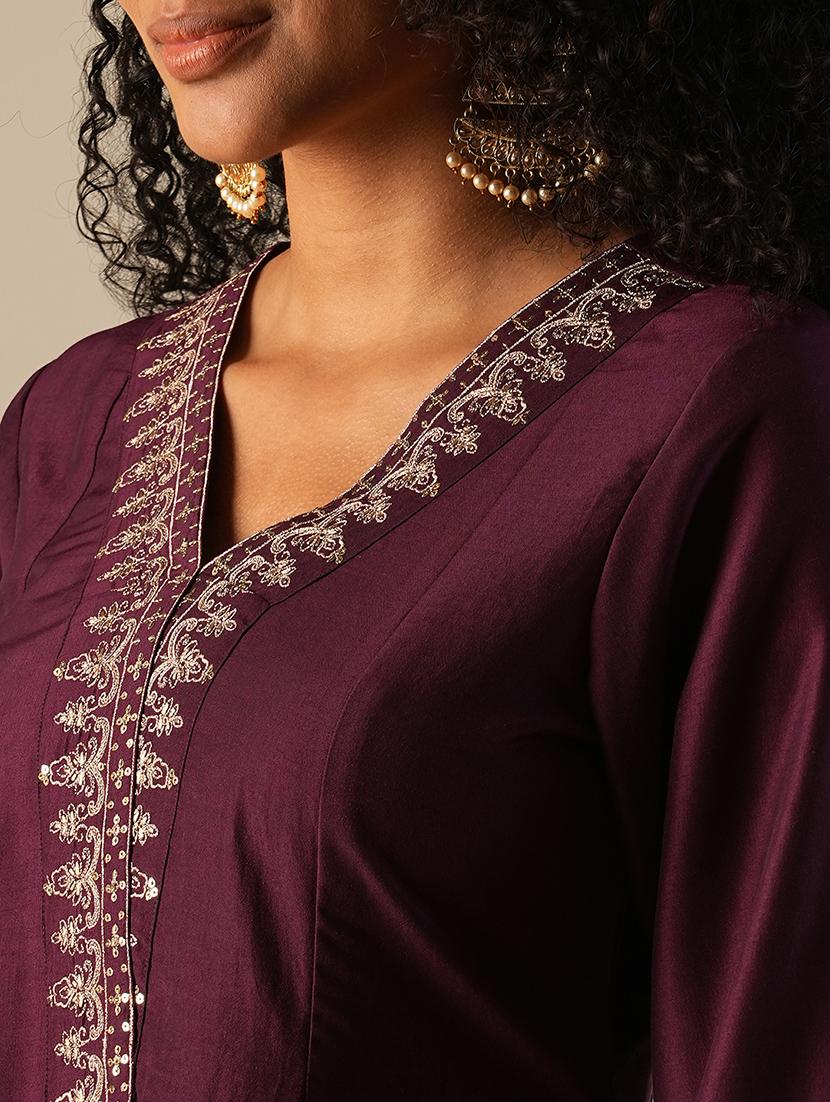 globus women purple zari embroidered v-neck panelled anarkali kurta with elasticated wide leg pants festive set - 21649092 - Standard Image - 4