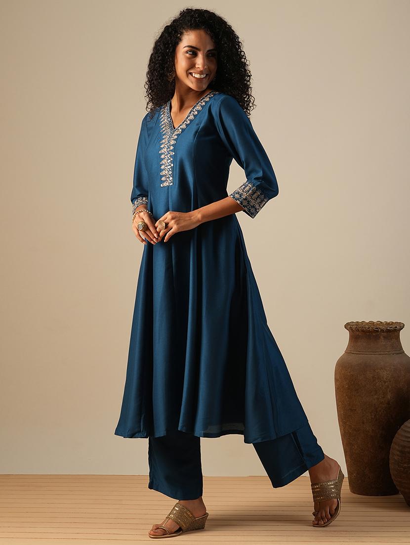 globus women teal zari embroidered v-neck panelled anarkali kurta with elasticated wide leg pants festive set - 21649093 -  Standard Image - 1