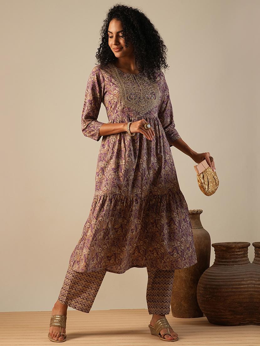 globus women purple embroidered yoke allover floral print tiered a-line kurta with chevron print wide leg pants workwear set - 21649094 -  Standard Image - 1