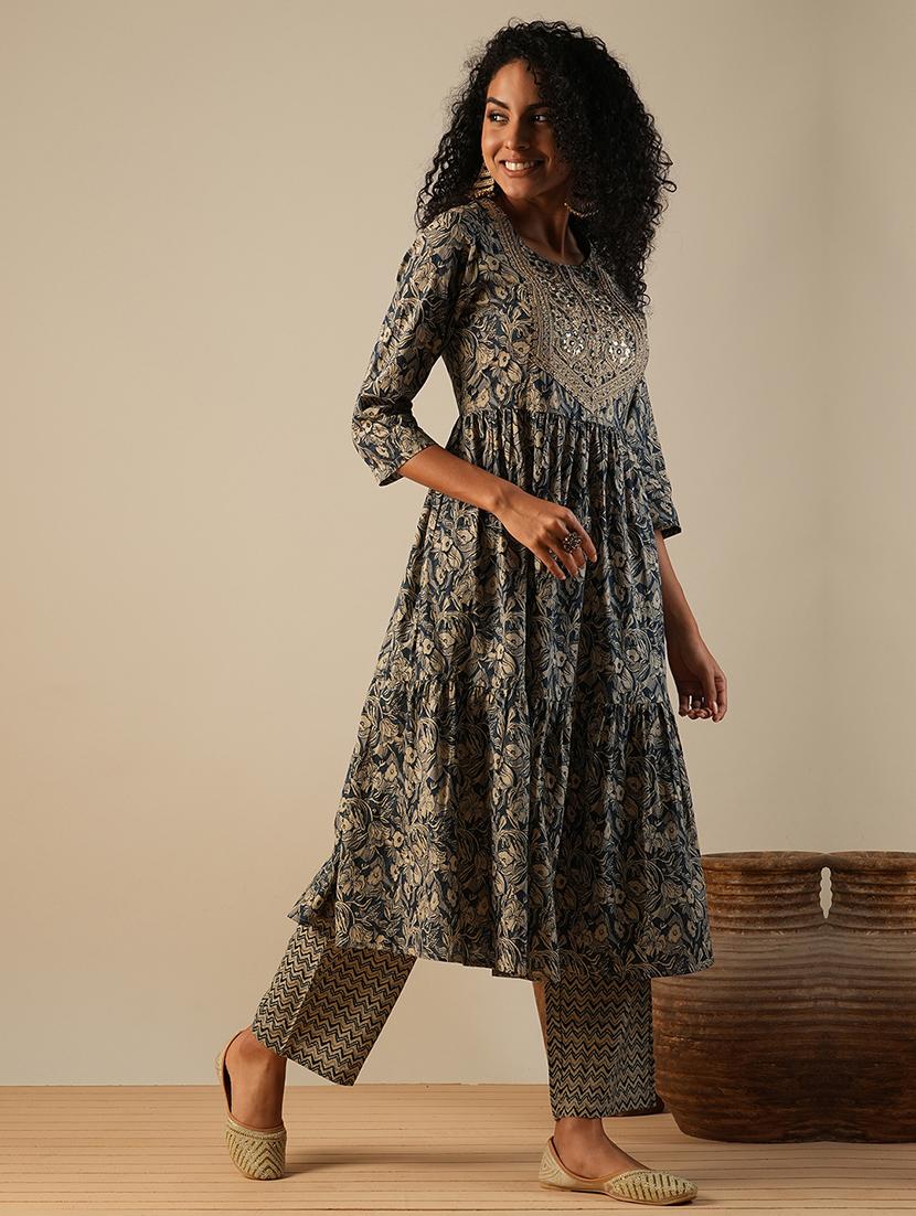 globus women grey embroidered yoke allover floral print tiered a-line kurta with chevron print wide leg pants workwear set - 21649095 -  Standard Image - 1