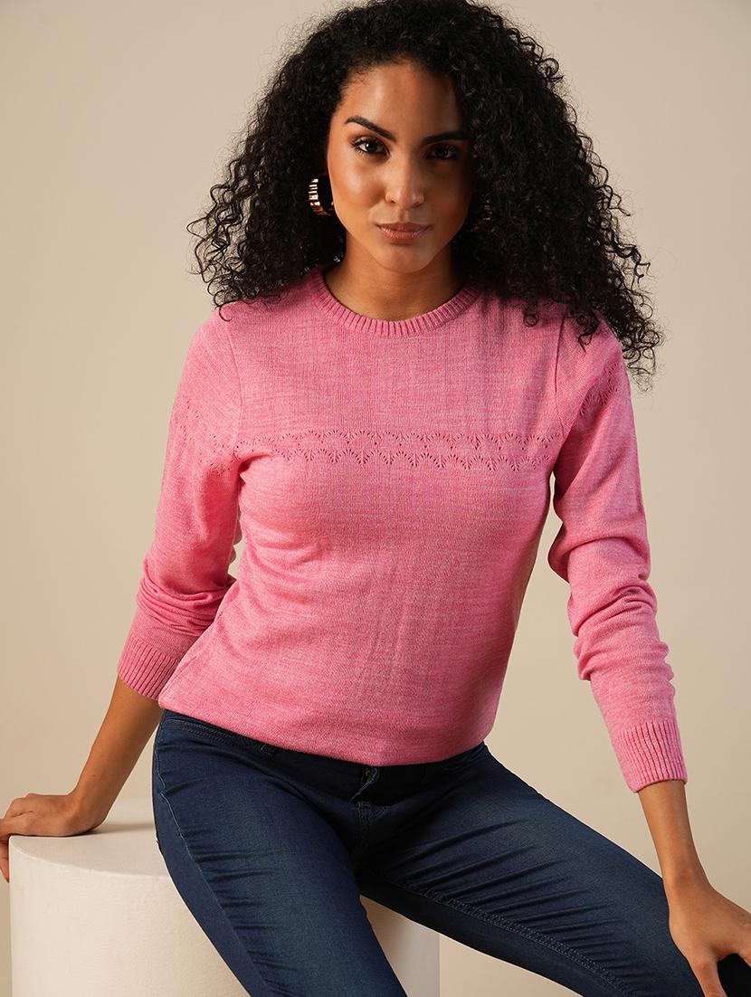 globus women pink round neck long sleeves self design knitted ribbed hem pullover sweater - 21649109 - Standard Image - 1