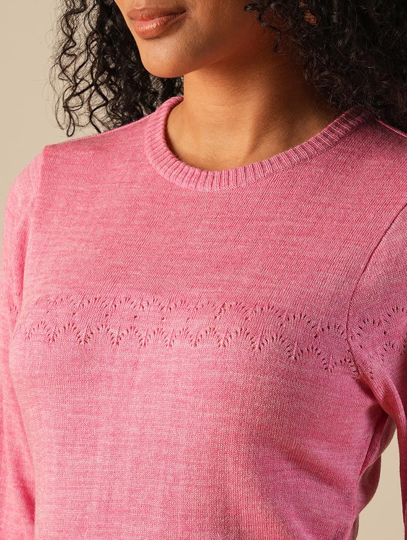 globus women pink round neck long sleeves self design knitted ribbed hem pullover sweater - 21649109 - Standard Image - 4