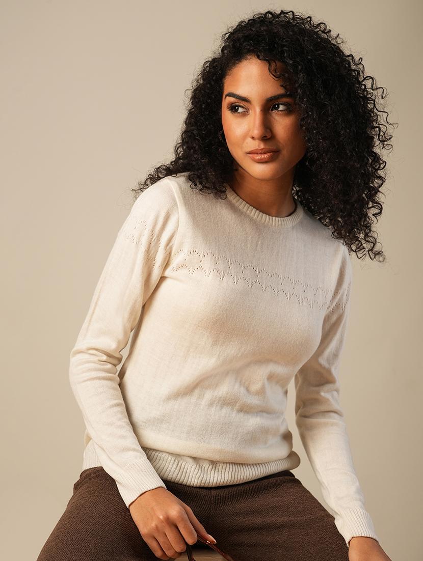 globus women off white round neck long sleeves self design knitted ribbed hem pullover sweater - 21649110 -  Standard Image - 1