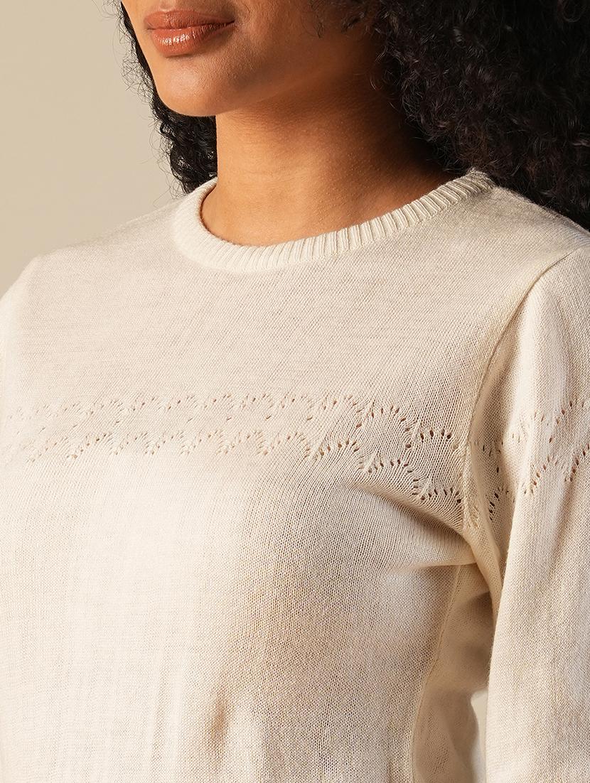 globus women off white round neck long sleeves self design knitted ribbed hem pullover sweater - 21649110 - Standard Image - 4