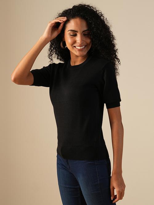 globus women black round neck puff sleeves solid knitted ribbed hem pullover sweater - 21649111 -  Standard Image - 0