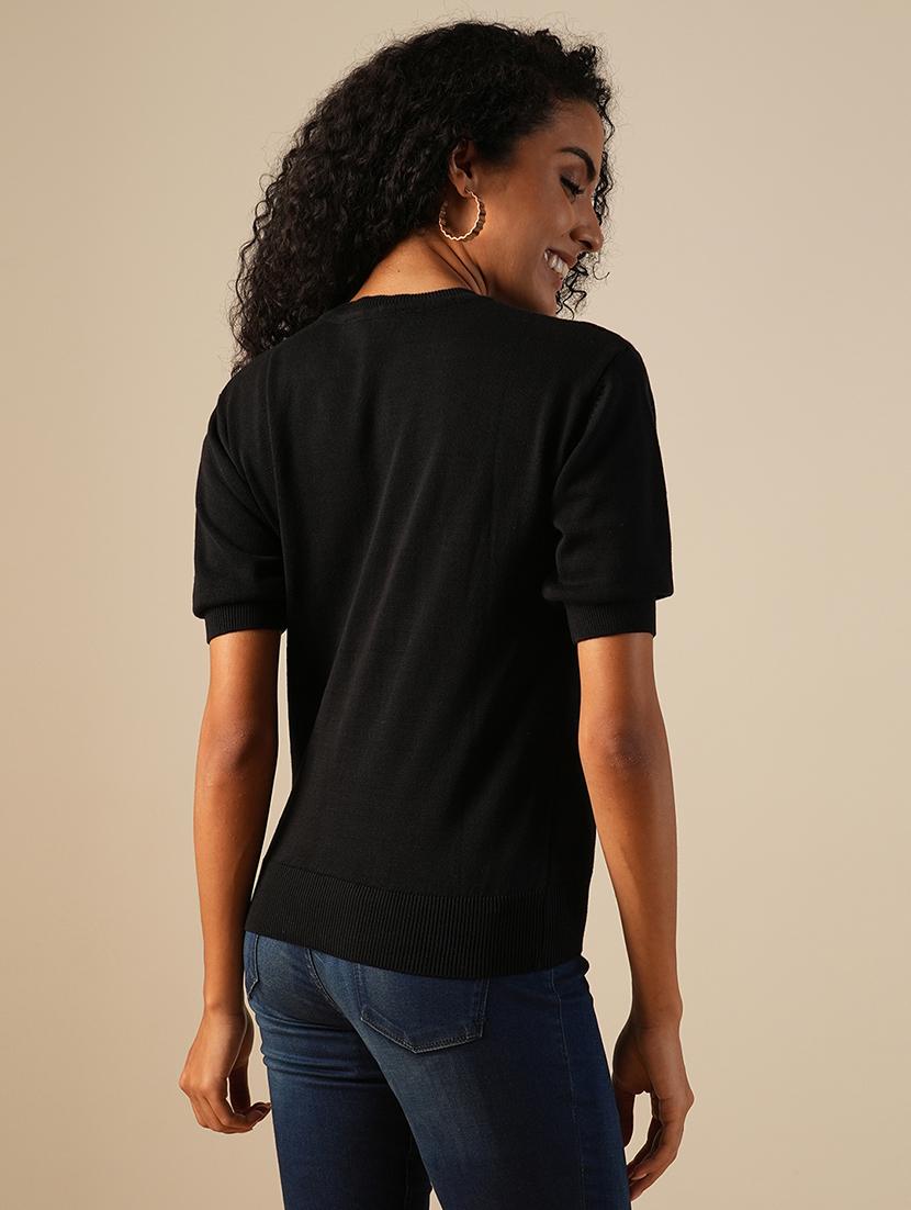 globus women black round neck puff sleeves solid knitted ribbed hem pullover sweater - 21649111 -  Standard Image - 1