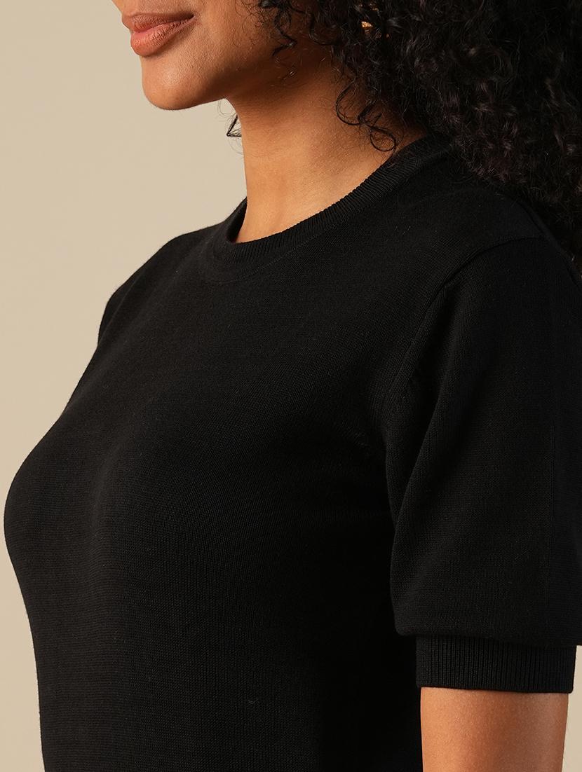 globus women black round neck puff sleeves solid knitted ribbed hem pullover sweater - 21649111 - Standard Image - 4