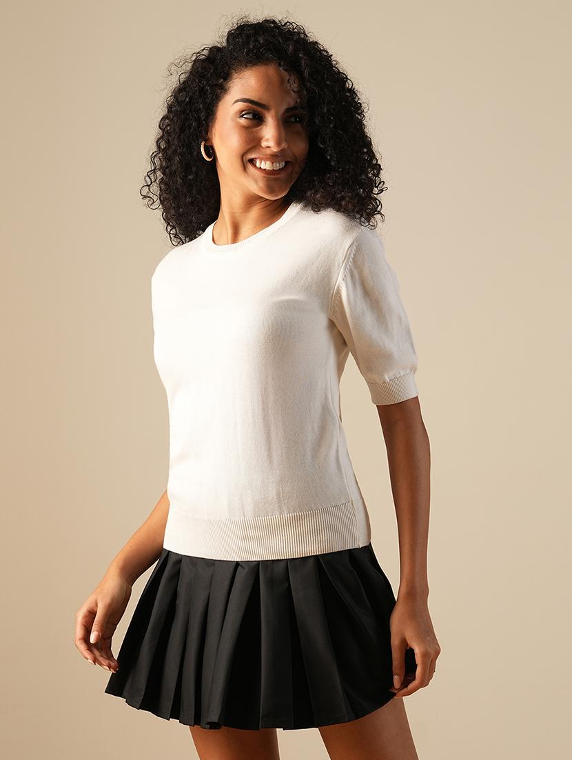 globus women white round neck puff sleeves solid knitted ribbed hem pullover sweater - 21649112 - Standard Image - 1