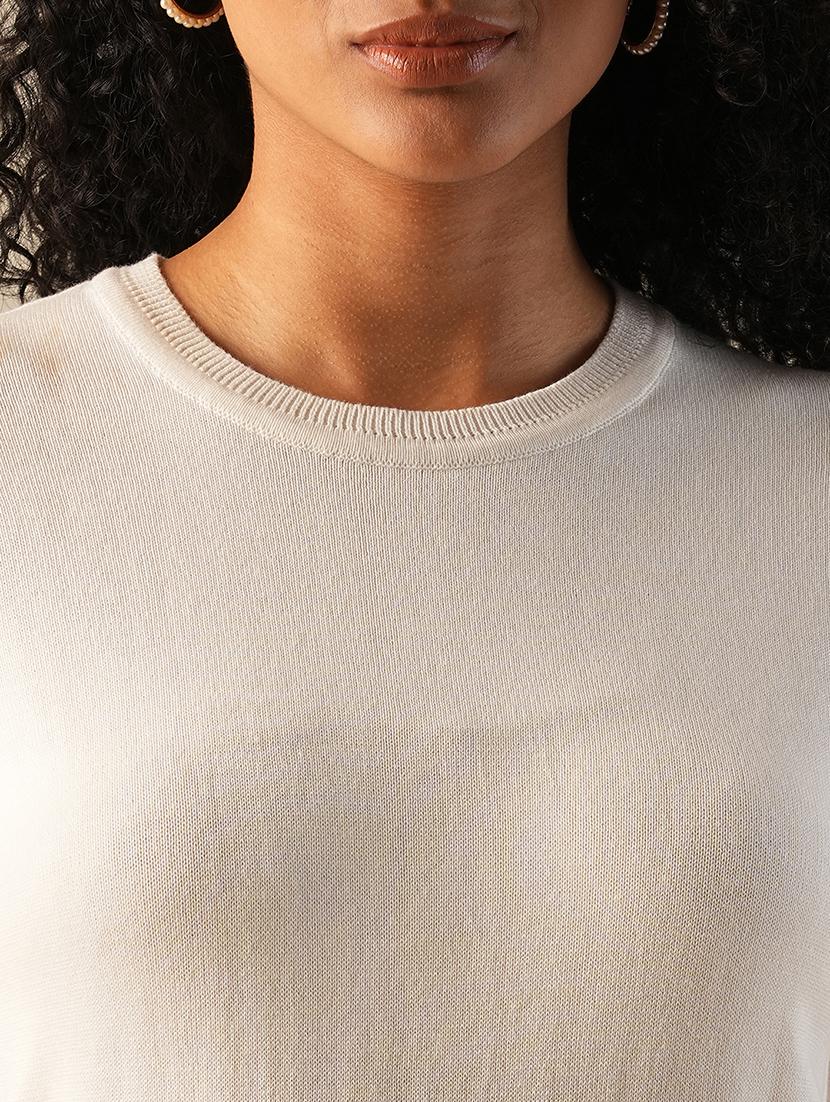 globus women white round neck puff sleeves solid knitted ribbed hem pullover sweater - 21649112 - Standard Image - 4