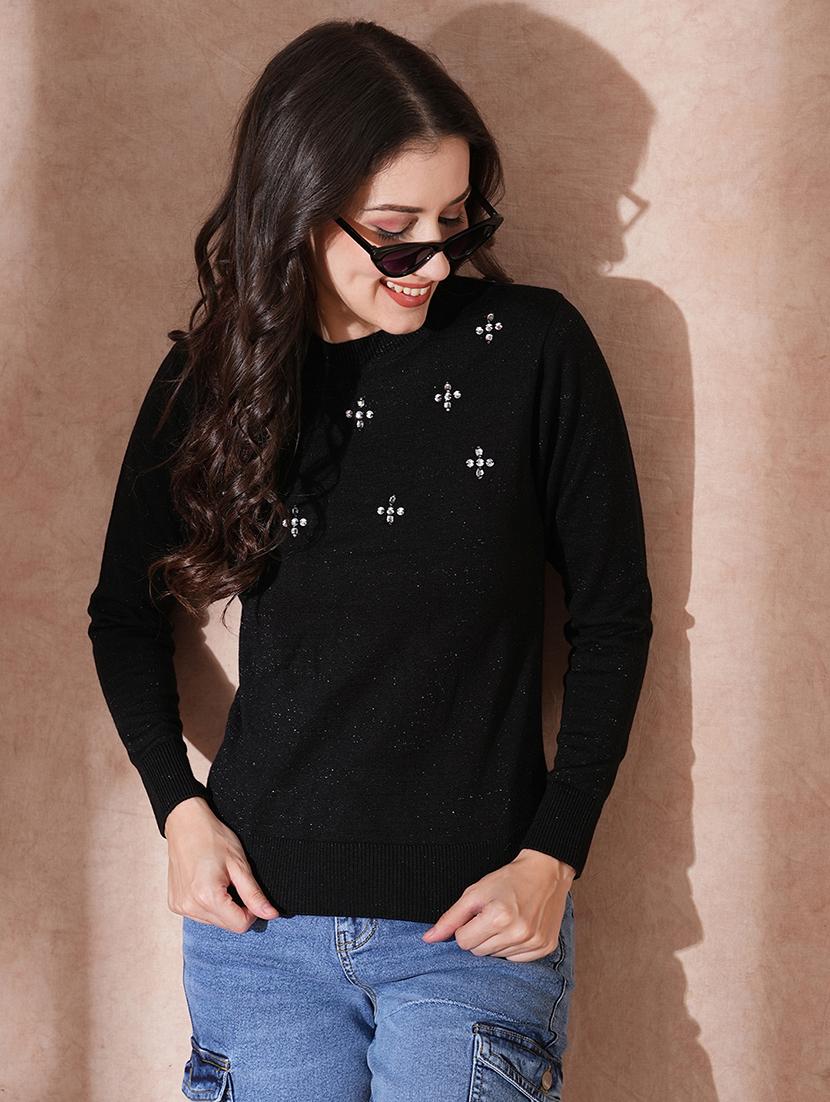 globus women black solid embeliished round neck long sleeves pullover sweater - 21649113 - Zoom Image - 0