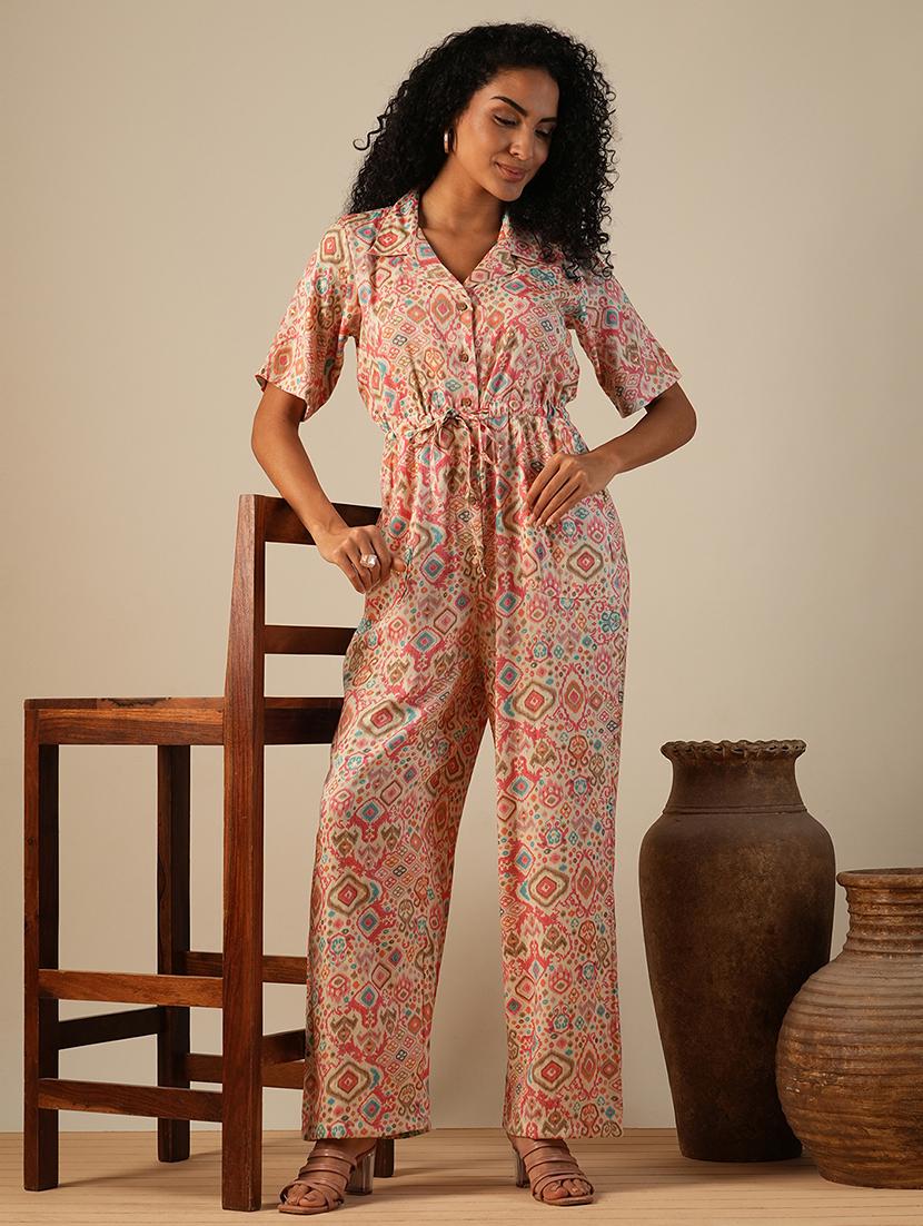globus women pink cuban collar geometric print waist tie-ups fusion jumpsuit