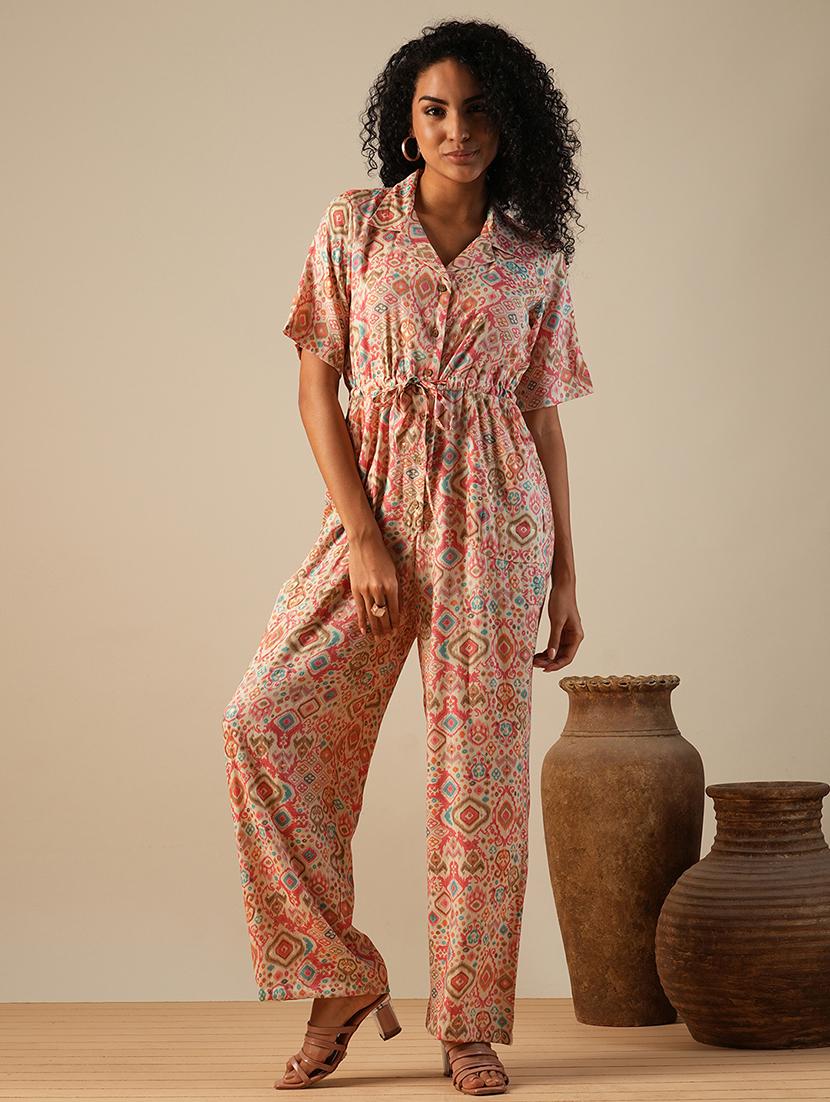 globus women pink cuban collar geometric print waist tie-ups fusion jumpsuit - 21649116 -  Standard Image - 1
