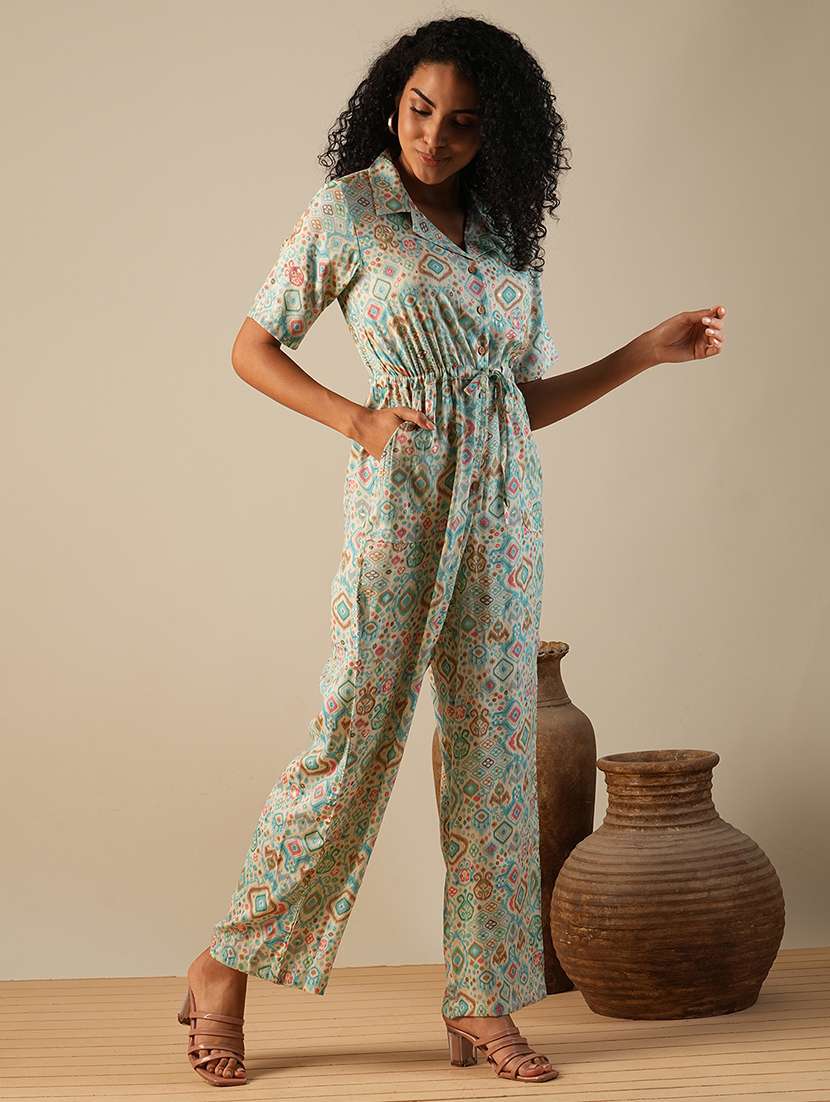 globus women blue cuban collar geometric print waist tie-ups fusion jumpsuit