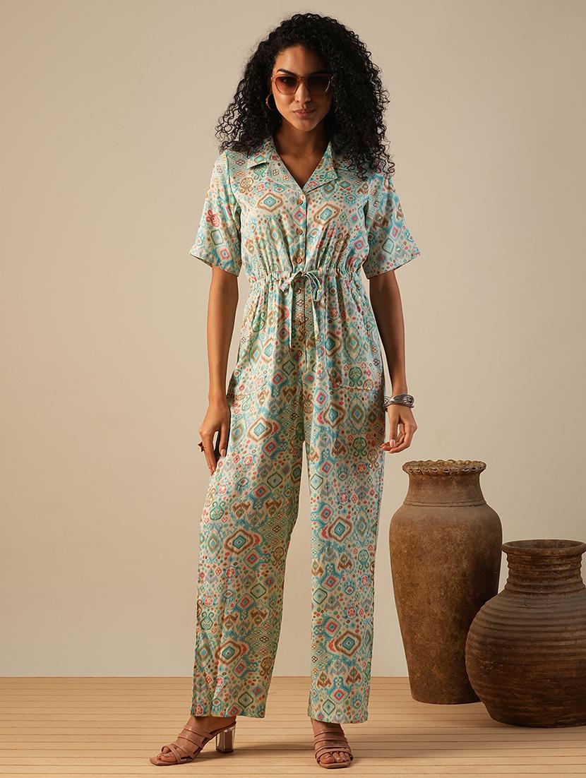 globus women blue cuban collar geometric print waist tie-ups fusion jumpsuit - 21649117 -  Standard Image - 1