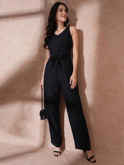 globus women black v-neck waist tie-up longline jumpsuit  - 21649118 -  Standard Image - 0