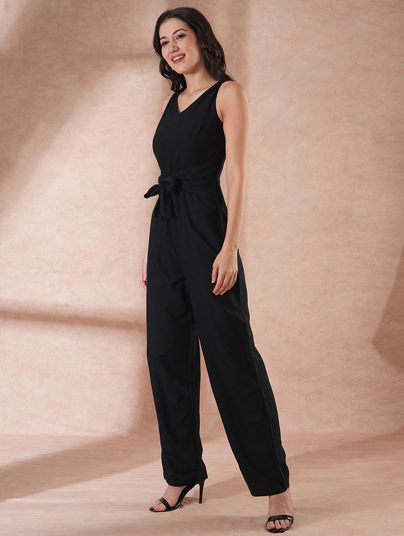 globus women black v-neck waist tie-up longline jumpsuit  - 21649118 -  Standard Image - 1
