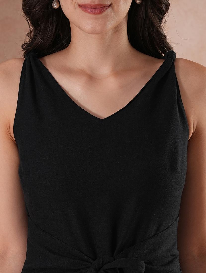 globus women black v-neck waist tie-up longline jumpsuit - 21649118 - Standard Image - 4
