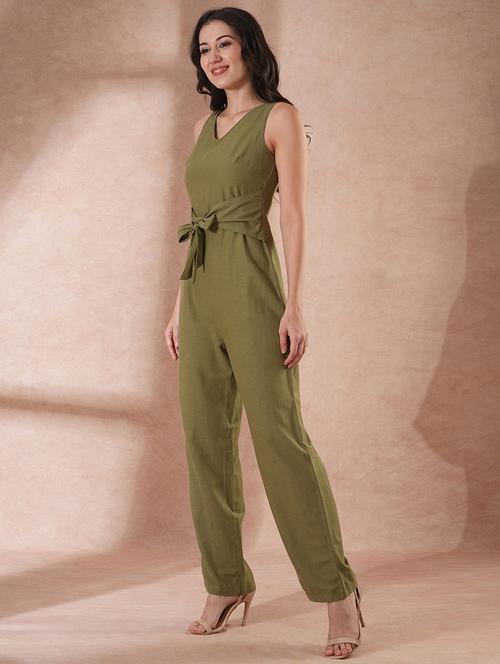 globus women olive v-neck waist tie-up longline jumpsuit  - 21649119 -  Standard Image - 0