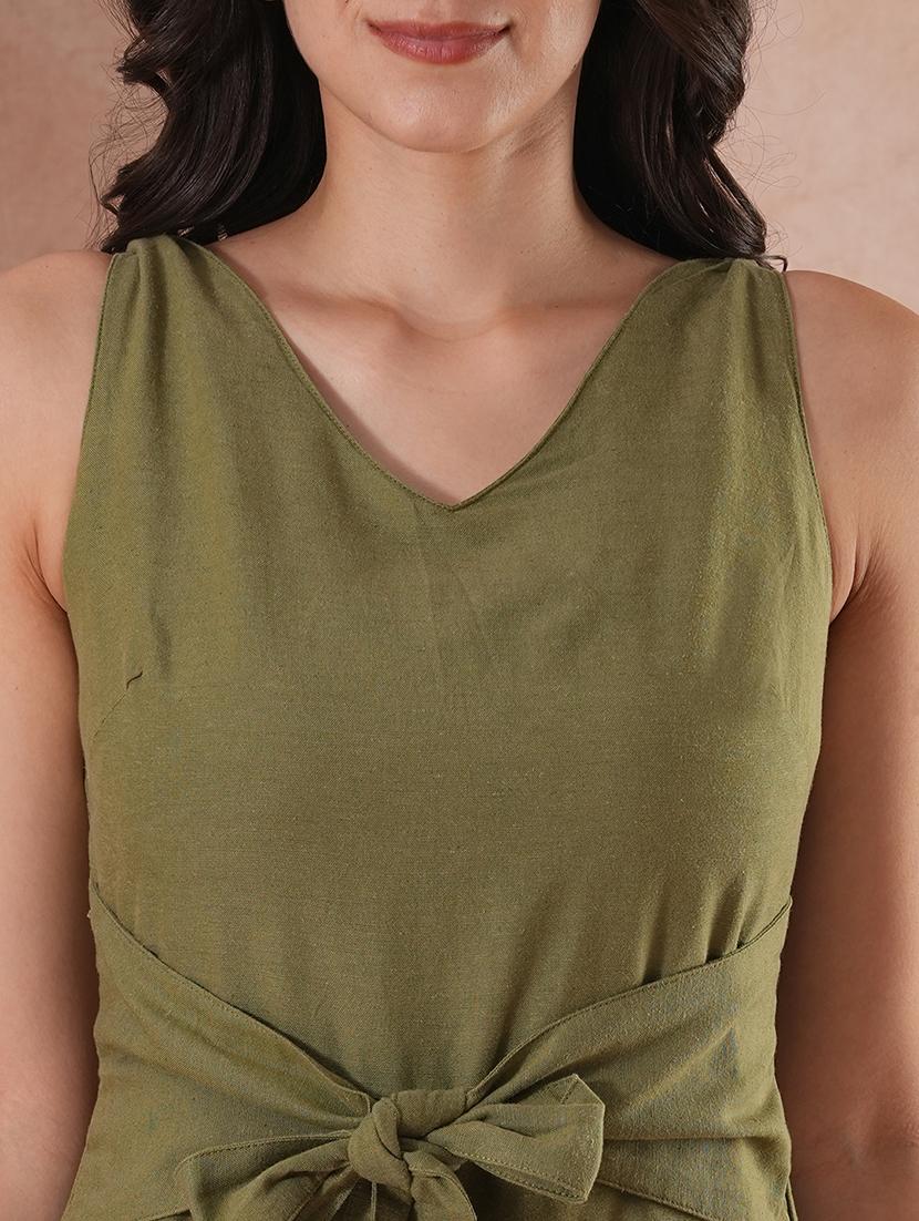 globus women olive v-neck waist tie-up longline jumpsuit - 21649119 - Standard Image - 4
