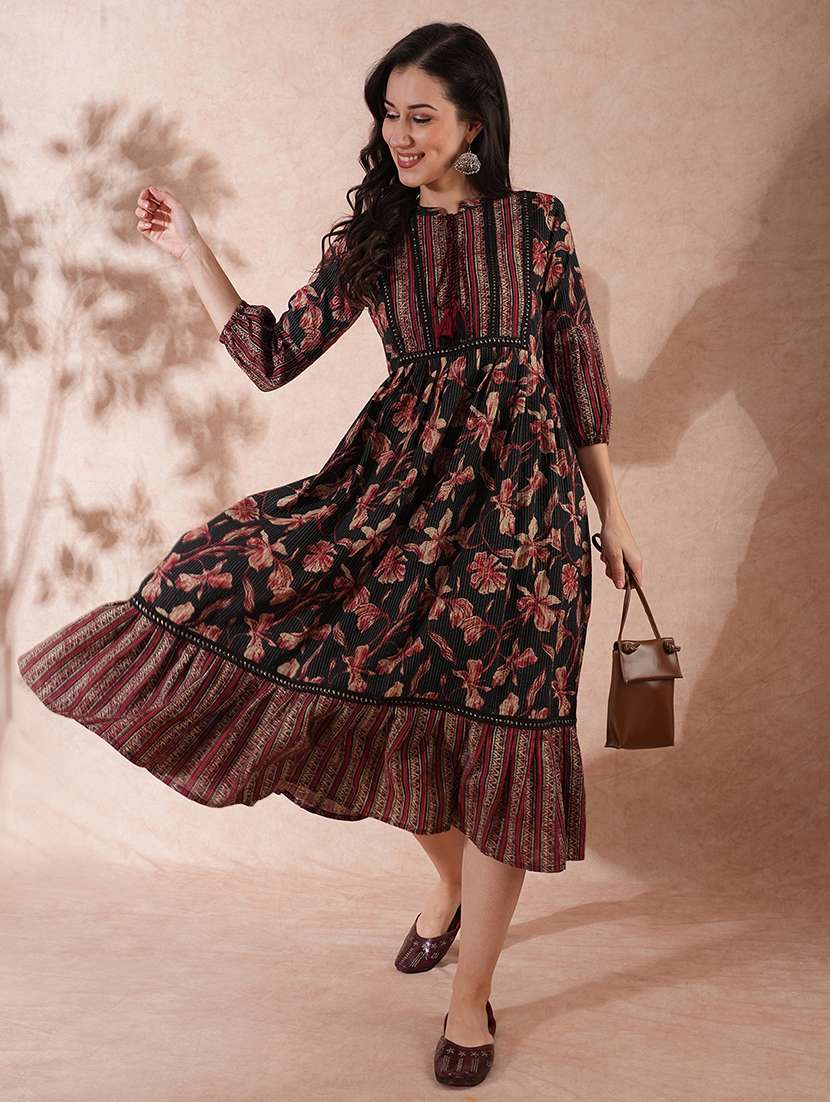 globus women black tie-up mandarin neck bishop sleeves floral print pleated tiered a-line midi fusion dress