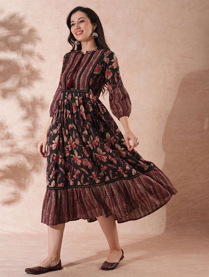 globus women black tie-up mandarin neck bishop sleeves floral print pleated tiered a-line midi fusion dress - 21649150 -  Standard Image - 1