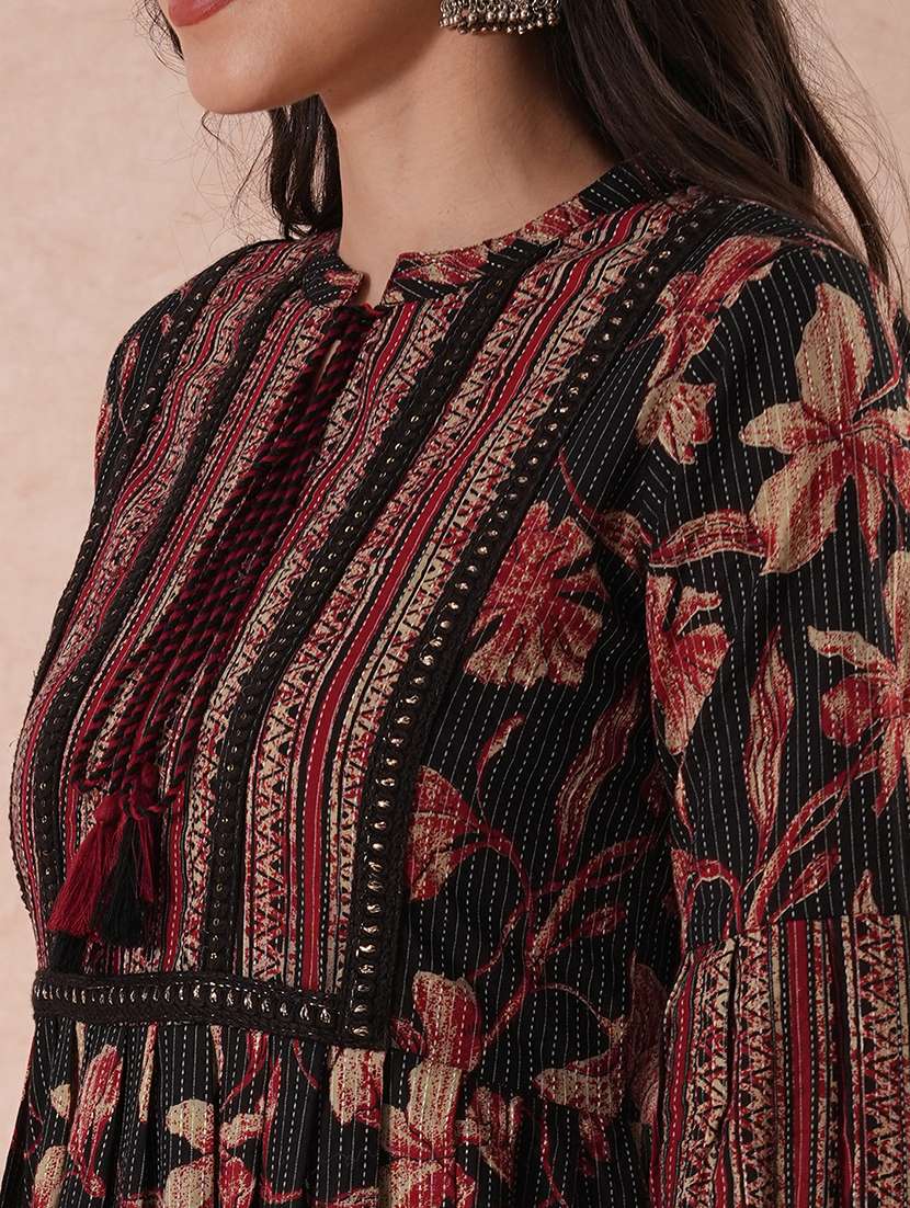 globus women black tie-up mandarin neck bishop sleeves floral print pleated tiered a-line midi fusion dress - 21649150 -  Standard Image - 4