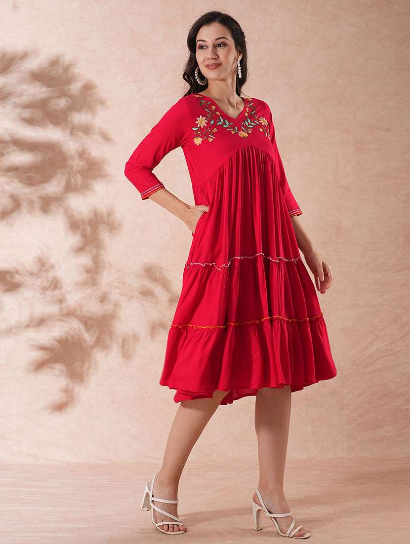 Globus Women Red V Neck Floral Embroidered Yoke Alia Cut Tiered A Line Fusion Dress