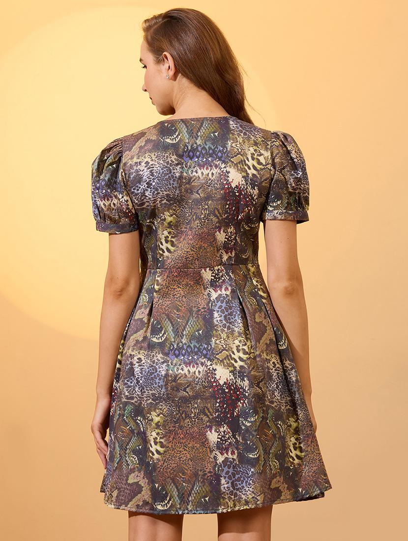 globus women multi v-neck puff sleeves button detail animal printed pleated a-line dress - 21649154 -  Standard Image - 1