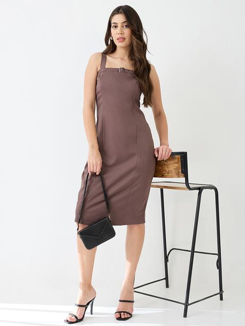 globus women brown buckle detail square neck strappy shoulder korean midi sheath party dress - 21649155 - Standard Image - 0