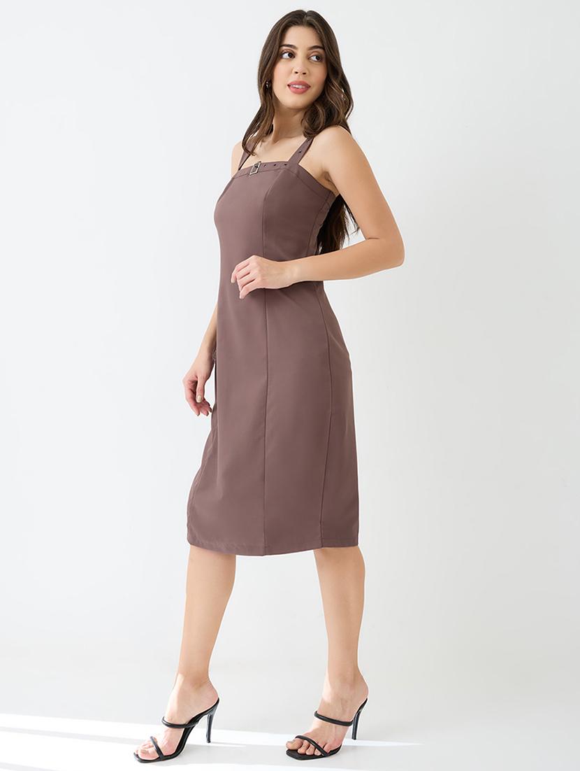 globus women brown buckle detail square neck strappy shoulder korean midi sheath party dress - 21649155 -  Standard Image - 1