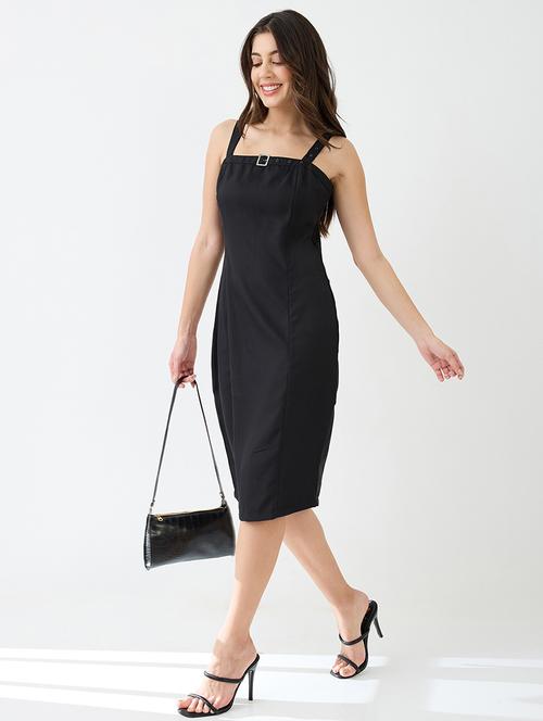 globus women black buckle detail square neck strappy shoulder korean midi sheath party dress - 21649156 -  Standard Image - 0