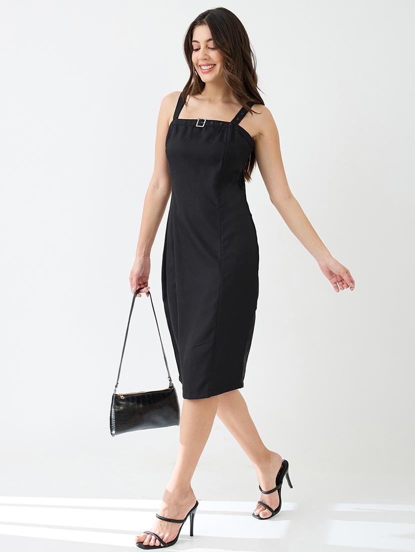 globus women black buckle detail square neck strappy shoulder korean midi sheath party dress