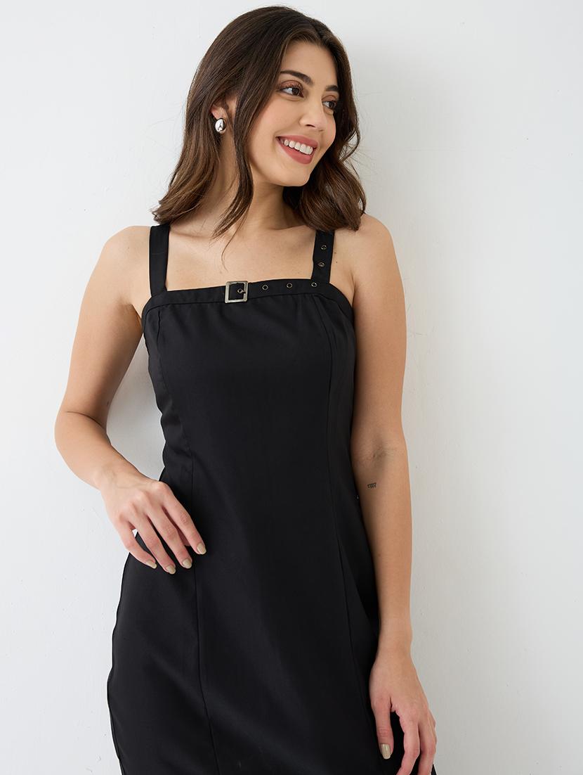globus women black buckle detail square neck strappy shoulder korean midi sheath party dress - 21649156 - Standard Image - 4
