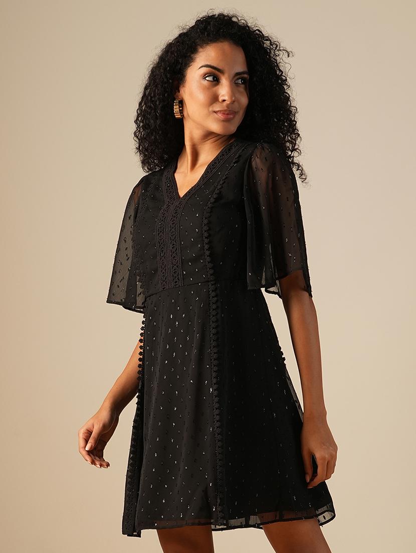globus women black v-neck flared sleeves shiny self design lace inserts mini a-line party dress - 21649158 -  Standard Image - 1
