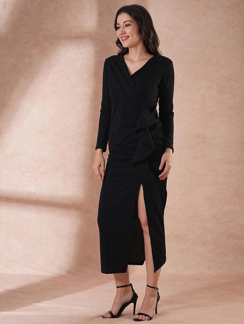 globus women navy blue long sleeves v-neck ruffle detail shimmer side slit bodycon maxi party dress - 21649160 - Standard Image - 1