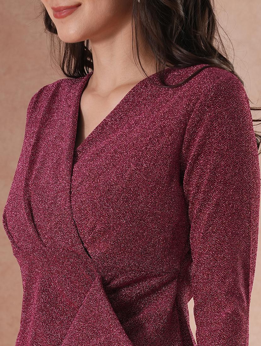 globus women pink long sleeves v-neck ruffle detail shimmer side slit bodycon maxi party dress - 21649161 - Standard Image - 4