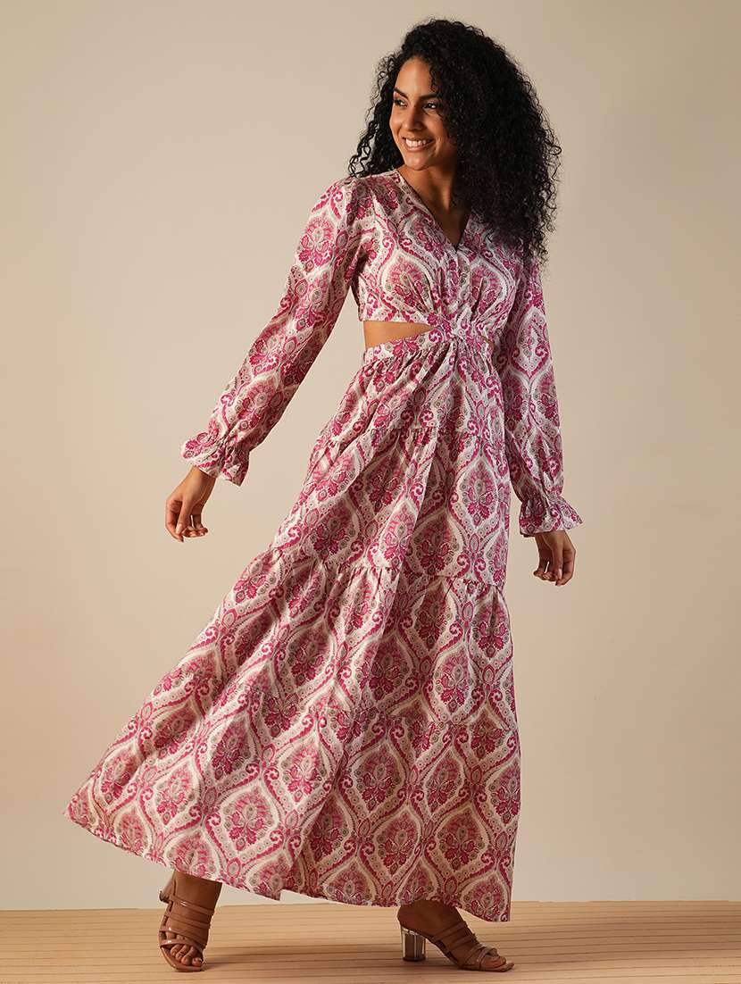 globus women pink v-neck bishop sleeves ethnic printed cut-out detail tiered fit & flare fusion maxi dress