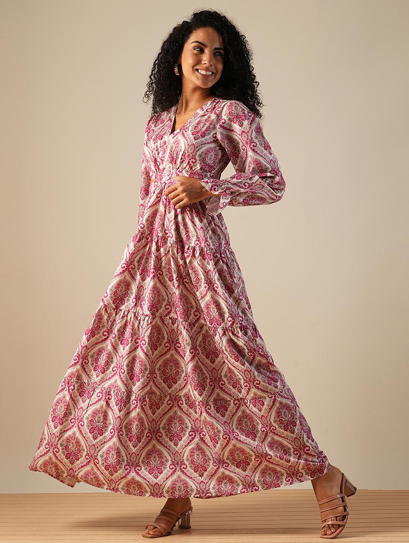 globus women pink v-neck bishop sleeves ethnic printed cut-out detail tiered fit & flare fusion maxi dress - 21649162 - Standard Image - 1
