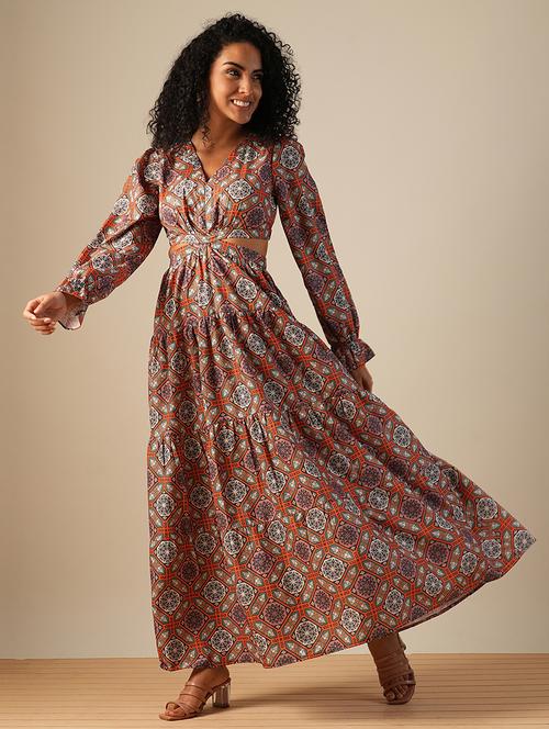 globus women orange v-neck bishop sleeves ethnic printed cut-out detail tiered fit & flare fusion maxi dress - 21649163 - Standard Image - 0