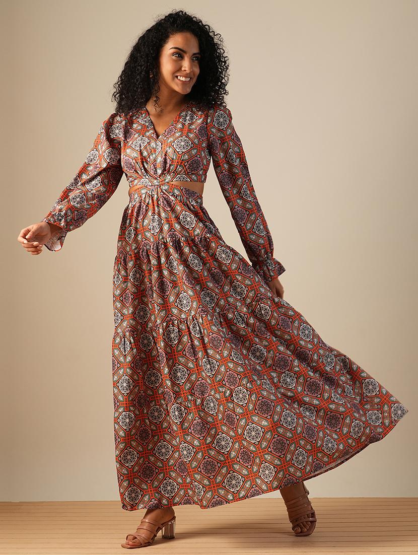 globus women orange v-neck bishop sleeves ethnic printed cut-out detail tiered fit & flare fusion maxi dress - 21649163 - Zoom Image - 0