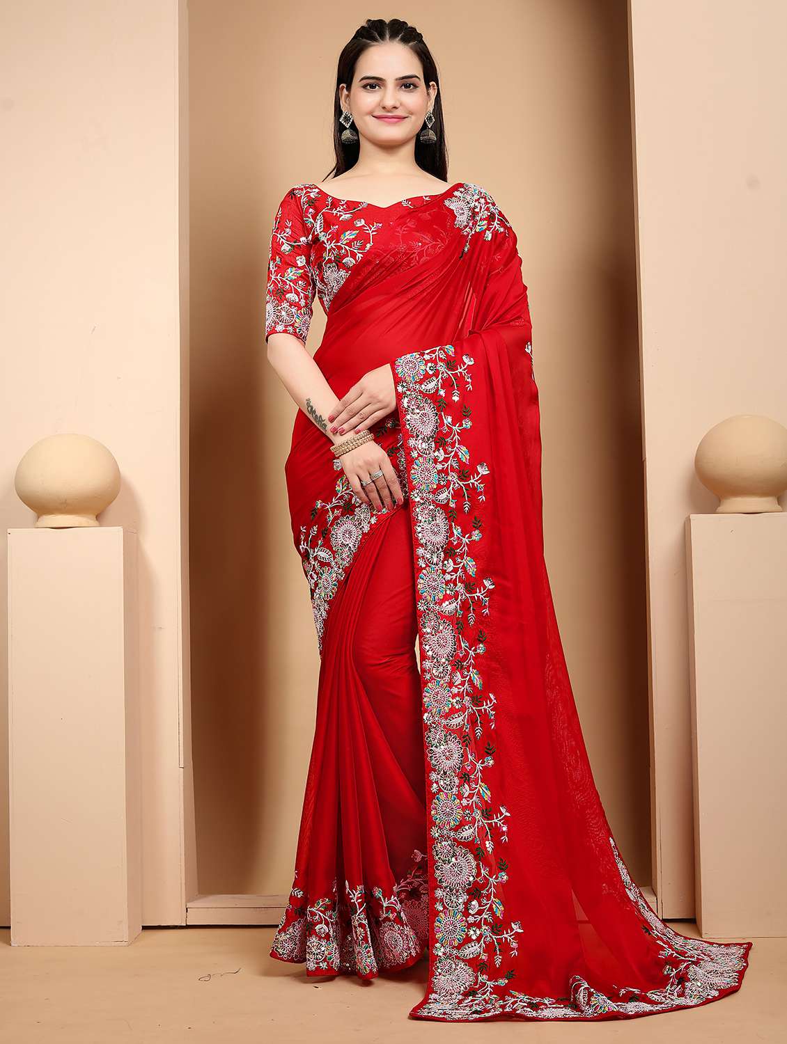 women red embroidered saree with blouse