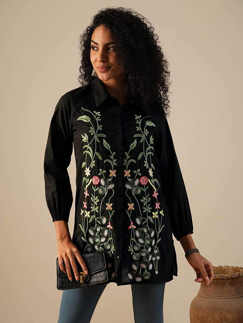 globus women black shirt collar bishop sleeves floral embroidered a-line fusion tunic - 21649542 -  Standard Image - 1