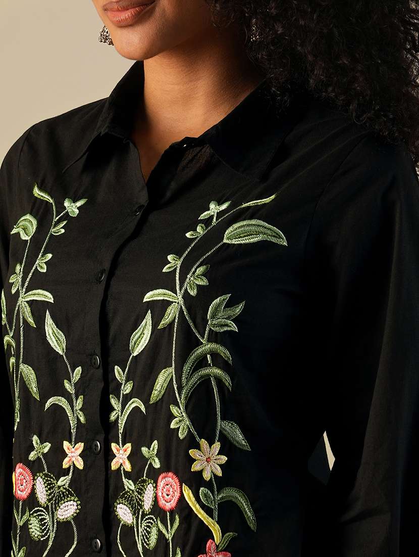 globus women black shirt collar bishop sleeves floral embroidered a-line fusion tunic - 21649542 - Standard Image - 4