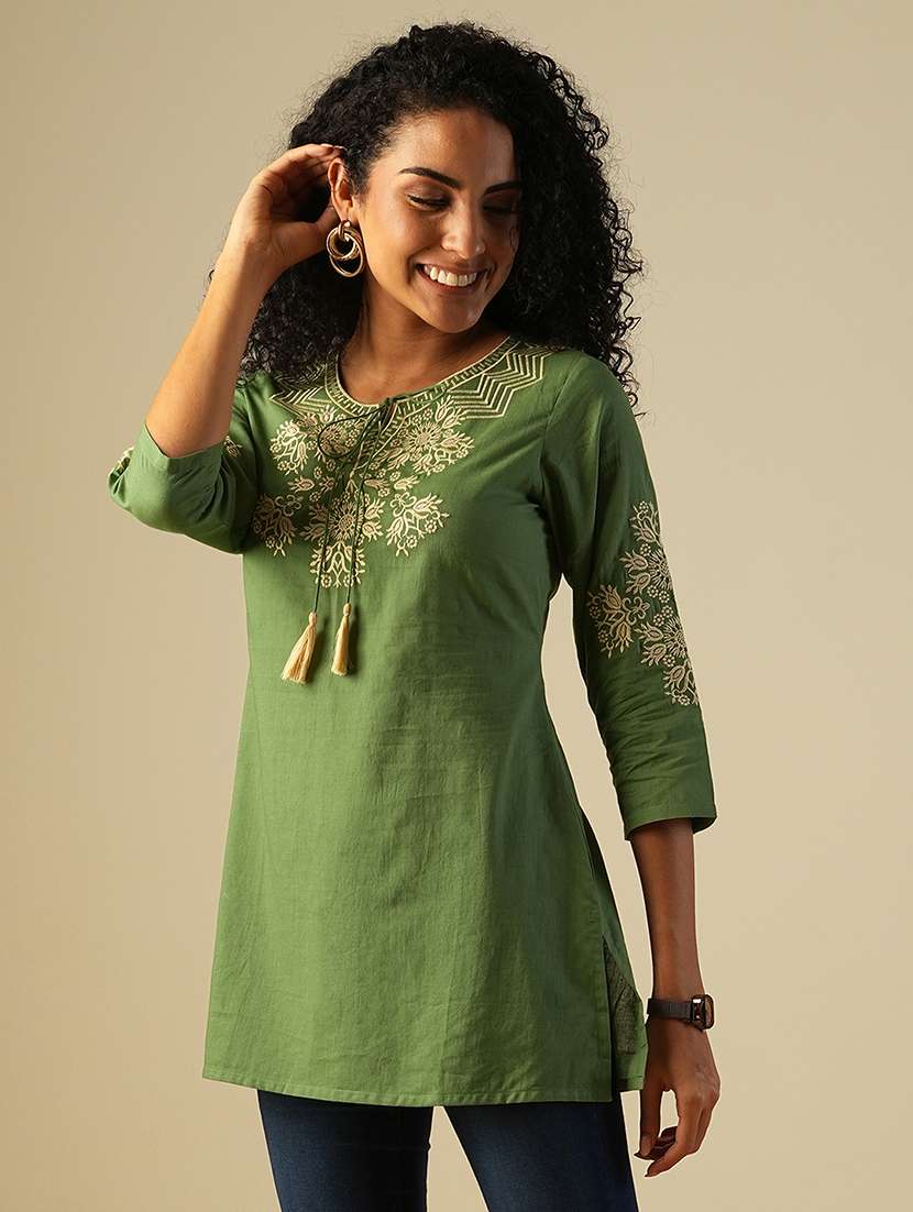 globus women tasselled tie-up neck embroidered yoke a-line workwear tunic