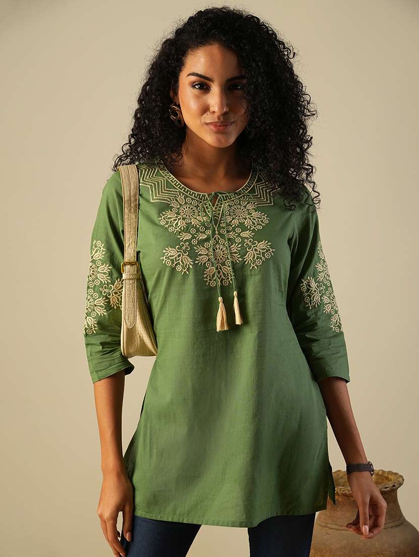 globus women tasselled tie-up neck embroidered yoke a-line workwear tunic - 21649544 -  Standard Image - 1