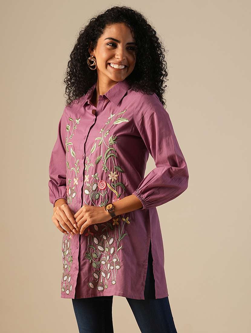 globus women purple shirt collar bishop sleeves floral embroidered a-line fusion tunic - 21649545 - Standard Image - 1